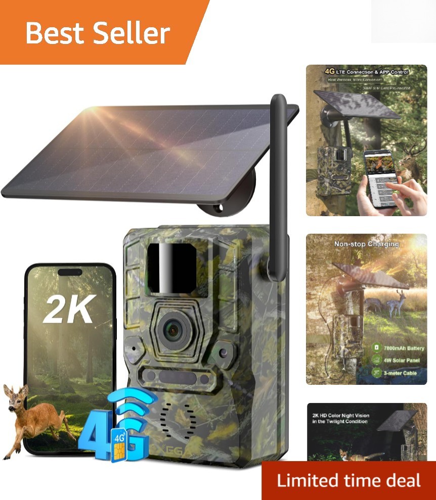 2K Solar-Powered 4G Wildlife Camera with Motion Detection & 