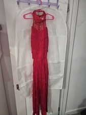 Girls Red Fringe Sequin Dance Costume Jazz Tap w/ Hair Piece