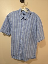 IZOD Men s L Short Sleeve Button Down Shirt Blue Plaid Casual Cotton