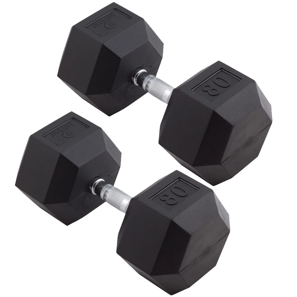 Body Sport Rubber Encased Hex Dumbbell Weight – Exercises – 80 lb Pair