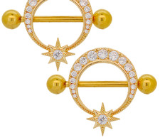 10K Yellow Gold Over Diamond Screw Shield Barbell w/Starburst Design Nipple Ring
