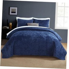 Velvet Bedspread Quilt Bedding Sets,Luxury King 96by108 inch Navy Blue