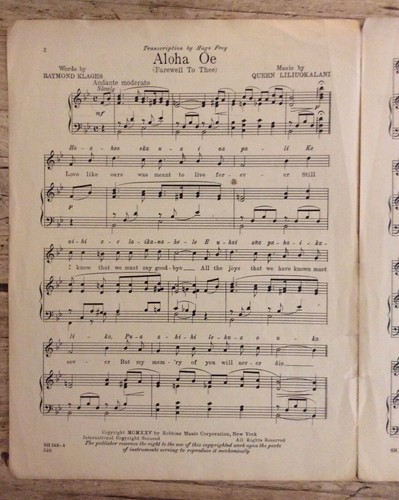Partituras de piano vintage: Aloha Oe (Adiós a ti) 1925 - Imagen 2 de 4