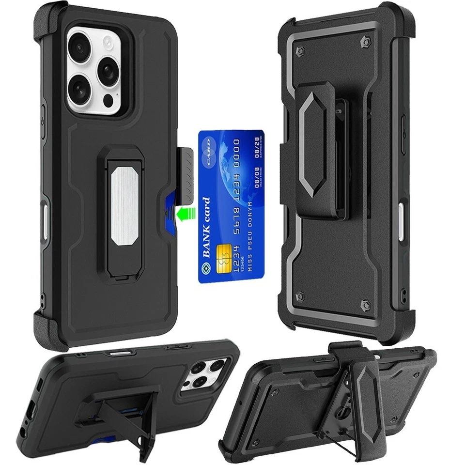 For iPhone 16 15 14 11 Pro Max Plus XR Case Card Holster W/Stand Belt Clip Cover