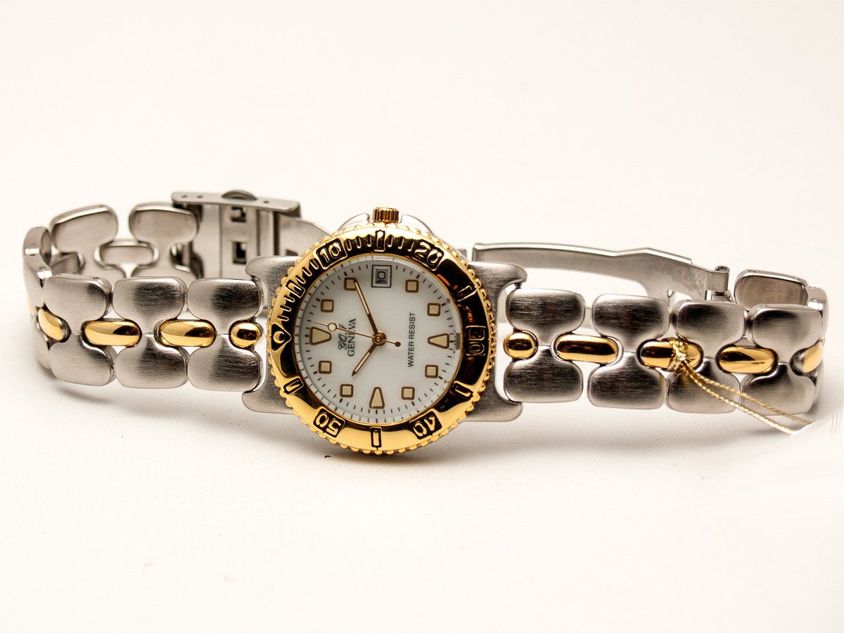 GQI GENEVA:MEN'S STAINLESS STEEL BAND WITH GOLD TONE ROUND