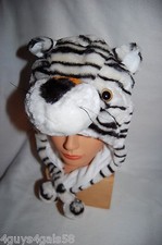 Girls Boys PLUSH FAUX FUR ANIMAL HAT Fleece Lined WHITE TIGER Stuffed Head