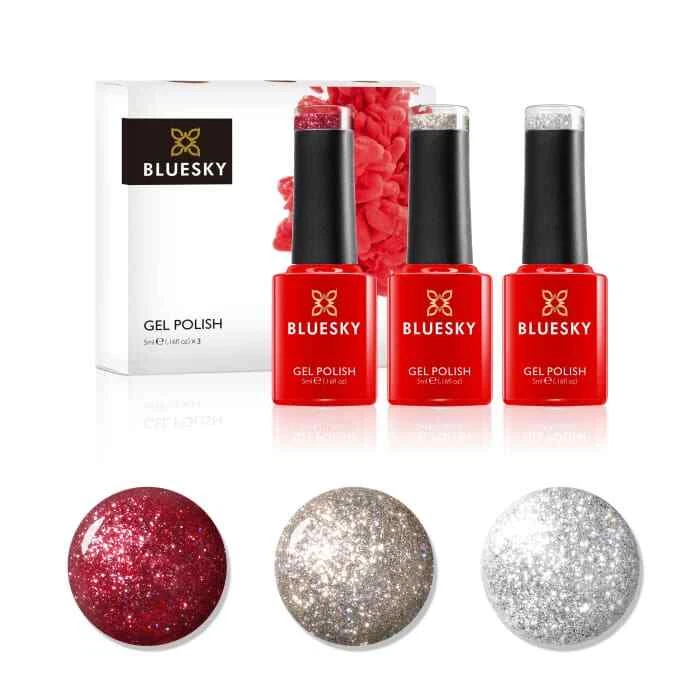 Bluesky Dazzling Glitter Mini Trio Gel Nail Polish Set Red Silver Gold 3 x 5ml