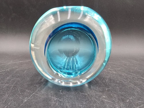 Vintage Murano Italy Glass Geode Flat Sided Blue Bowl MCM Sommerso 4”