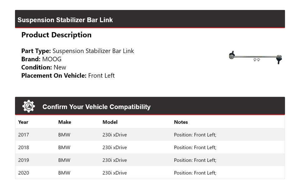 适用于 2017 - 2020 宝马 230i xDrive 悬架稳定杆链接前左 MOOG — 第 2/4 张图片