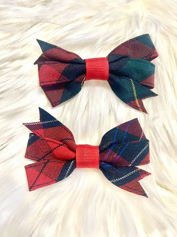 VINTAGE TARTAN RED PLAID HAIR BOW FRENCH BARRETTE SET - Image 2 of 4