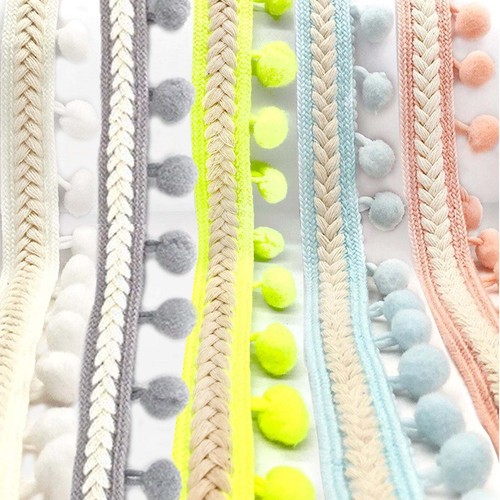 3 YARDS / 6 COLORS / CELESTE 1.25" Boho Pompom Ball Bead Fringe Trim - Picture 4 of 10
