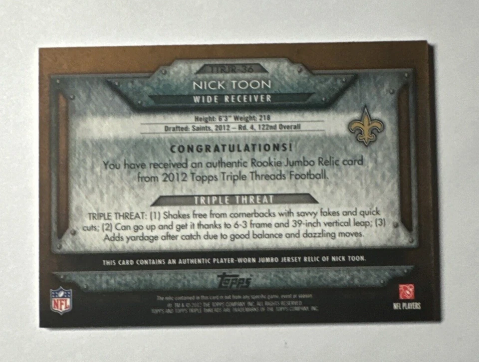2012 Topps Triple Threads Nick Toon RC Jersey Card #/75 Saints - Image 2 of 2