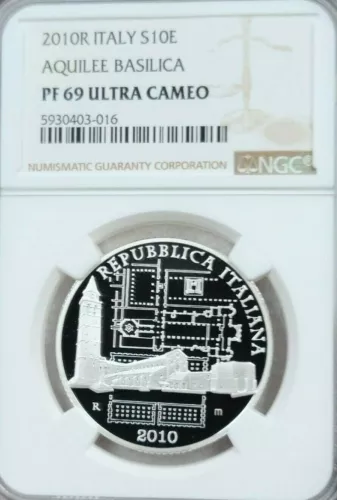 2010 ITALY SILVER 10 EURO S10E AQUILEE BASILICA NGC PF 69 ULTRA CAMEO TOP POP !