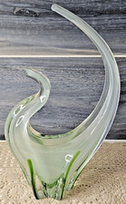 Stretched Hand Blown Murano  Art Glass Vessel Green  White Swirl Gondola Bowl