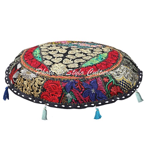 Black Round Floor Pillow Cushion Cover Vintage Patchwork Pouf Cushion Ottoman - Picture 2 of 6