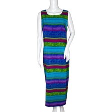 Kathie Lee Dress Women 10 Blue Green Stripe Sheath Midi Dress Vacation Colorful