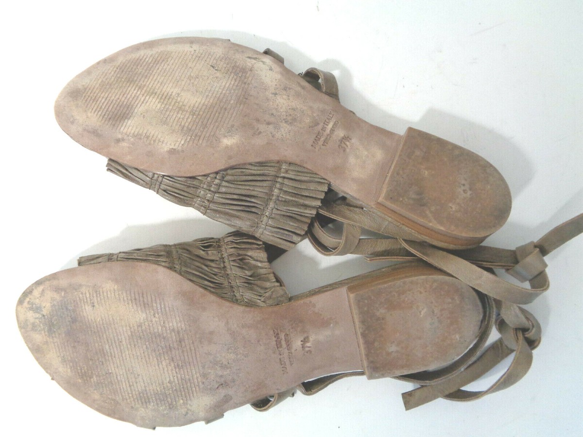COOP BARNEYS NY 37.5 Taupe Pleated Leather Flat Sandals 