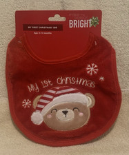 Red Plush MY FIRST CHRISTMAS BIB w/Teddy Bear Age 0-12 Months - NEW