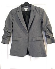 H&M Grey Checked Open Front Blazer Size 6 Gathered Sleeve 