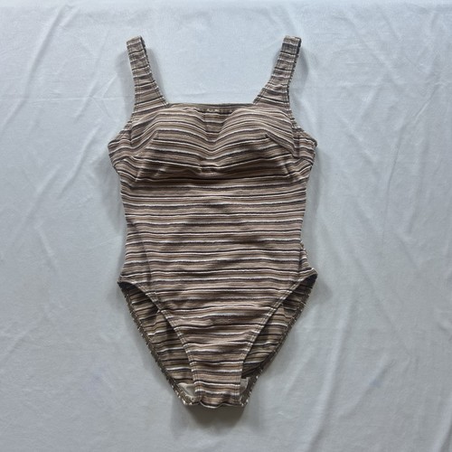 Vintage 90s One Piece Swimsuit Women’s Small Guy Laroche Japan Made Beige Stripe - Bild 1 von 14