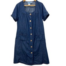 VTG 90s KORET Denim Button Front Square Neck Short Sleeve Dress MIdi Women Large