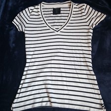 Marc Cain 100% Cotton Striped V-Neck T-Shirt Size N2 UK10/12 Navy White Breton