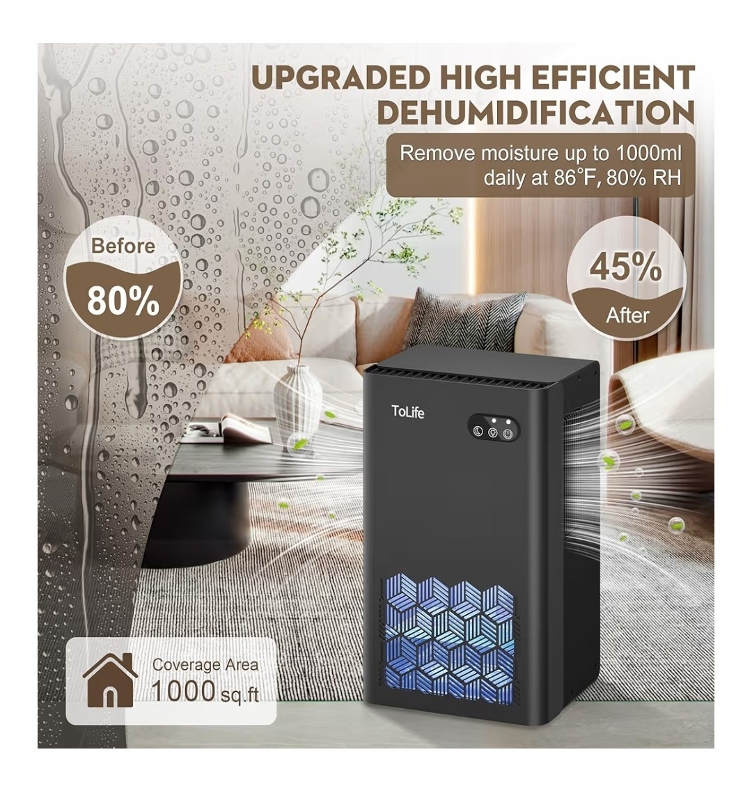 Tolife Dehumidifiers for Home 95 OZ Water Tank, 1000 sq.ft Dehumidifier for Base