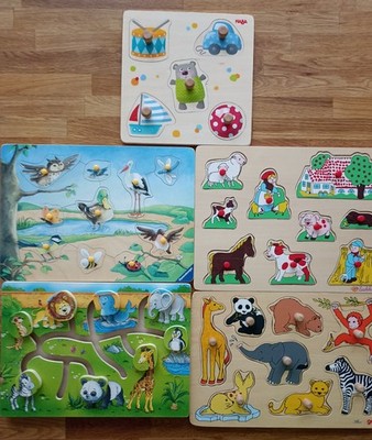 4 Steckpuzzle  + 1 Schiebepuzzle, Haba, Ravensburger, Eichhorn, Goki