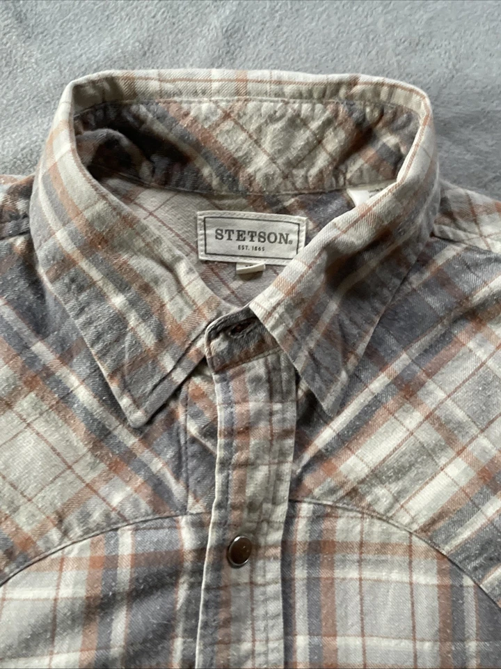 Stetson 衬衫男式 XL 格子西部珍珠扣长袖衬衫 - 仿旧 — 第 4/4 张图片