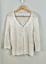 Christopher Banks Women's L Hand Crochet Cardigan Sweater Ivory Cottage Core