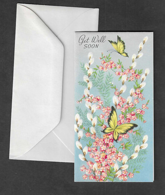 unused vtg Wallace Greeting Get Well Soon Healthly Card Butterfly pink Flowers