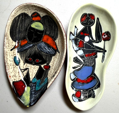 Fidia MCM Mid Century Italy Fantoni Style Bowls Hand Painted Girl & Women Unique