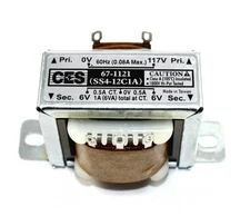 117VAC - 12VAC, 1A, CT Transformer, Solder Lug/Push-on Terminals,Rated @ 105ºC