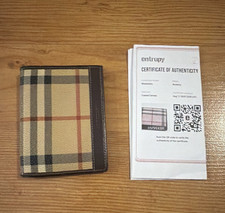 Burberry Men Beige Check Canvas  Brown Leather ID Badge Holder w/ ID Window