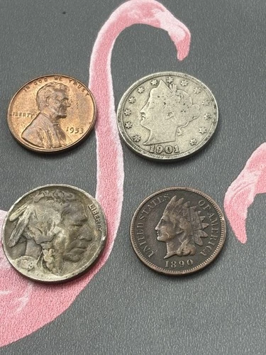 US Coin Lot§ Indian Head Cent, Wheat Penny, Liberty V & Buffalo Nickel +FREE S&H