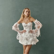 Modern Scoop Neckline With 3D Flowers Detachable Long Sleeves Mini Wedding Dess