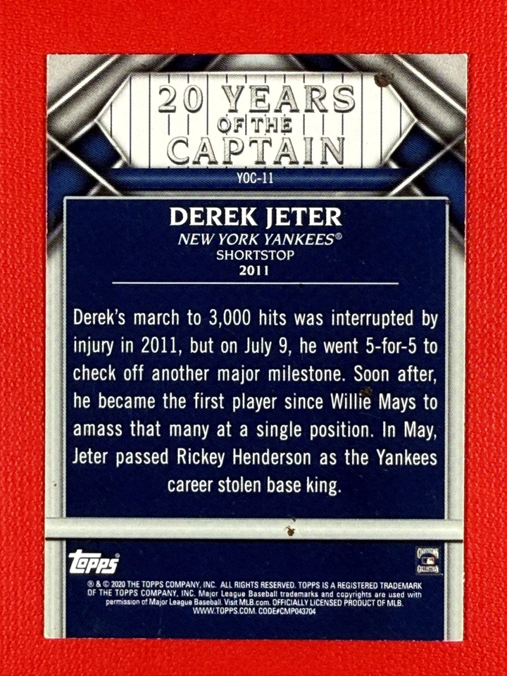 2020 Topps Update Series 20 Years of the Captain Derek Jeter #YOC-11 - Image 2 of 2