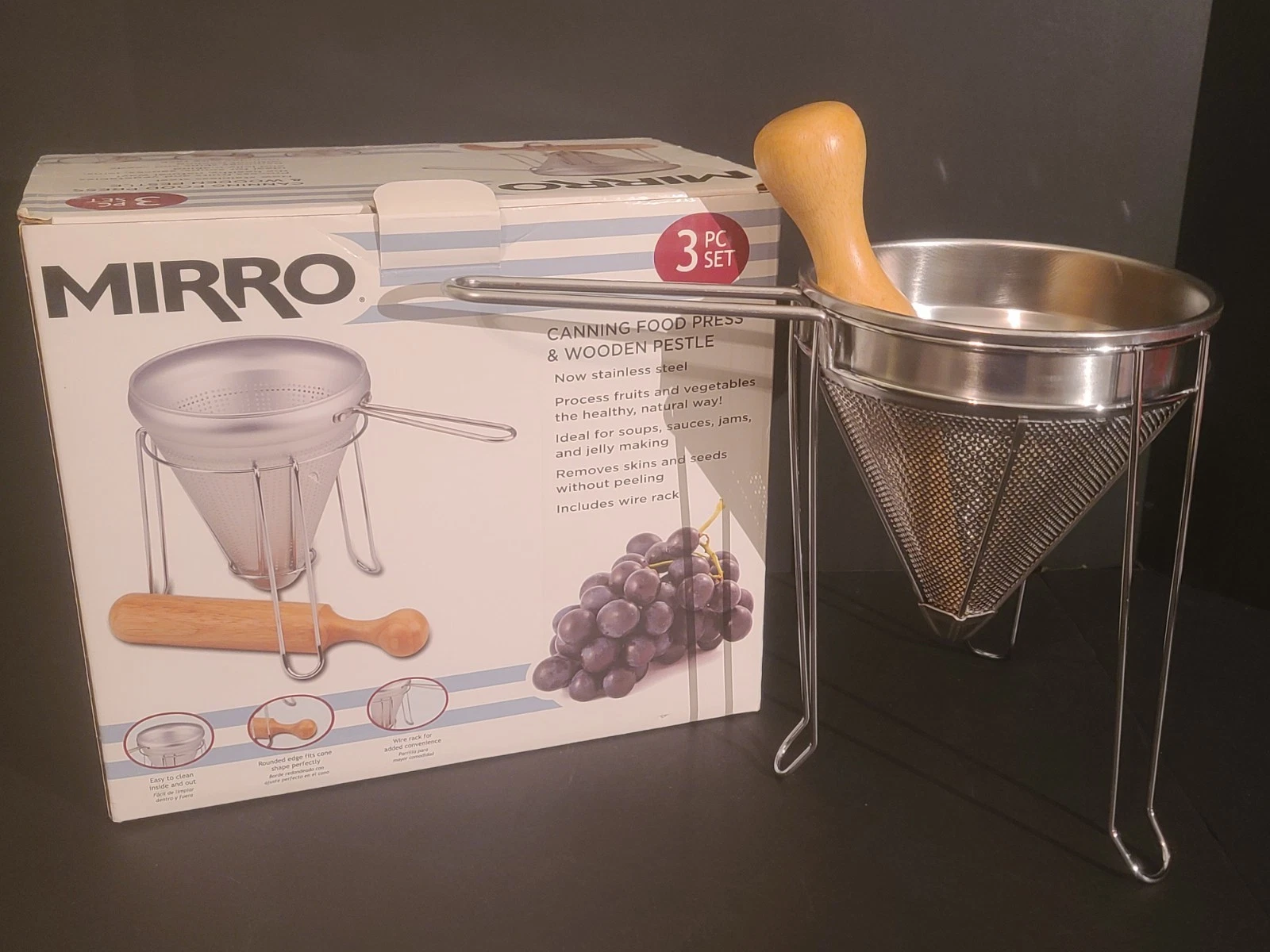 NEW IN BOX Mirro 9605000b Aluminum Canning Accessory Food Press W/Wooden Pestle