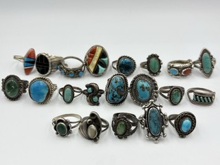 Lot 21 Sterling Silver Rings Mixed Turquoise Native American Southwestern Others