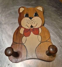 Vintage Handmade Teddy Bear Wall Hook - Wooden Coat Rack 9"x 6.5" 2 hooks