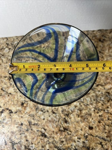 Hand Blown Green & Blue Swirl Cobalt Blue Rim & Base Margarita / Cocktail Glass - Picture 6 of 7