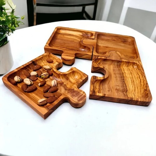 Olivenholz Puzzle geformte Snackteller: Holz Leckereien Servierschalen Set 4 Stck. - Bild 2 von 8