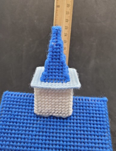 Cross-Stitch Church Trinket Dresser Box Yarn Plastic Blue White Gold Cross Vtg - Picture 7 of 10