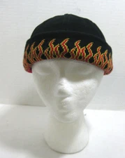 Black Bullet Cap Red Flames on Cuff Silver Button Biker Hat Adjustable Beanie