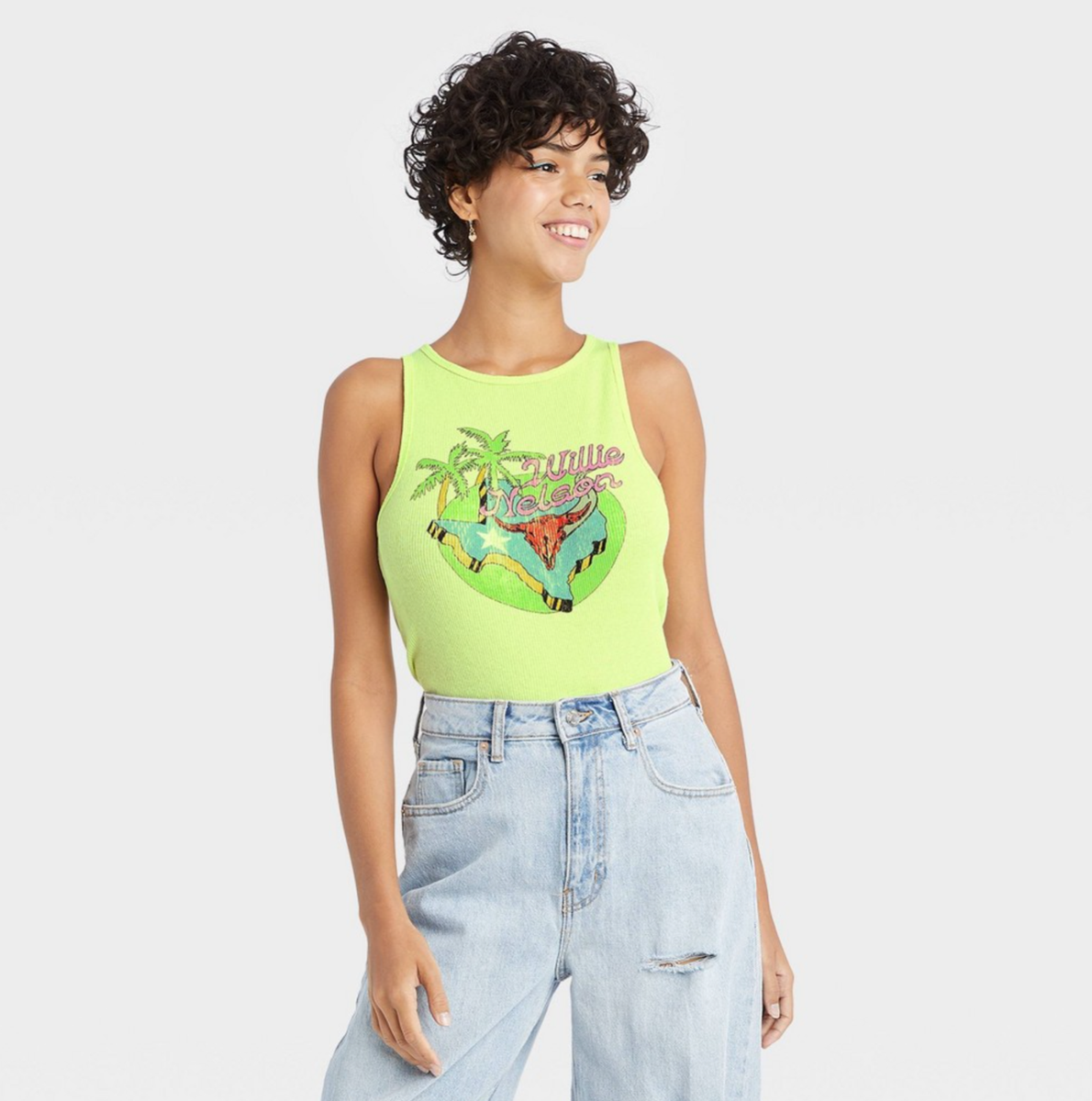 Women's Willie Nelson Ribbed Graphic Tank Top - Lime Green