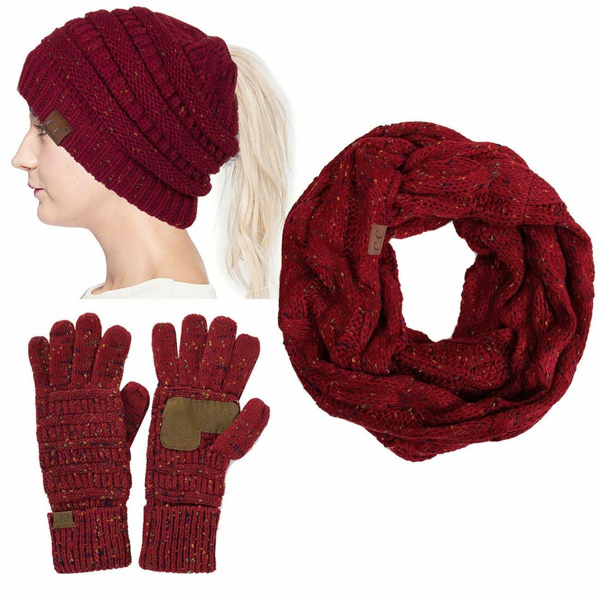C.C 3pc Confetti Knit Beanie Ponytail Hat Infinity Scarf  display picture 3