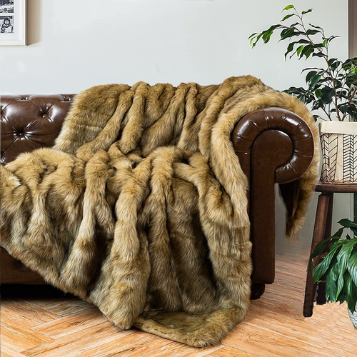 Luxury Golden Faux Fur Blanket, 60"X 80" Large Fur Throw Blankets for Bed, Couch