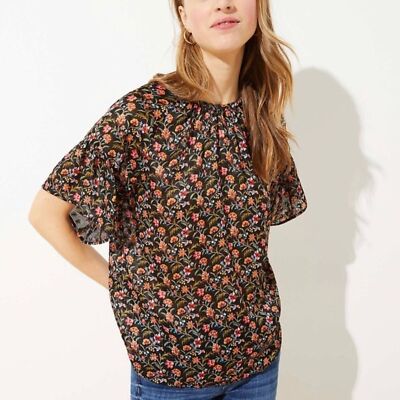 NWT Loft Floral Tie Flutter Blouse Petite XS Black Gold Red Brown