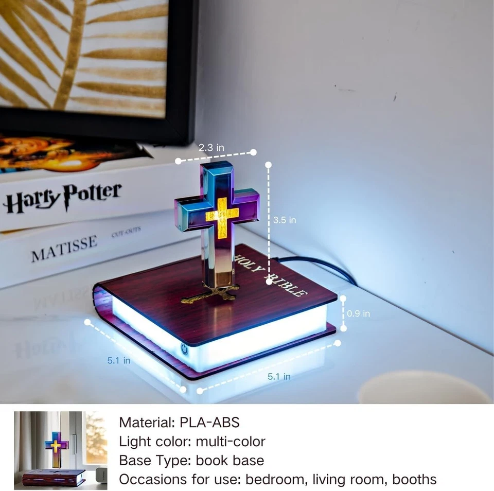 Levitating Cross Lamp Magnetic Floating Bible Colorful Night Light - Image 2 of 4