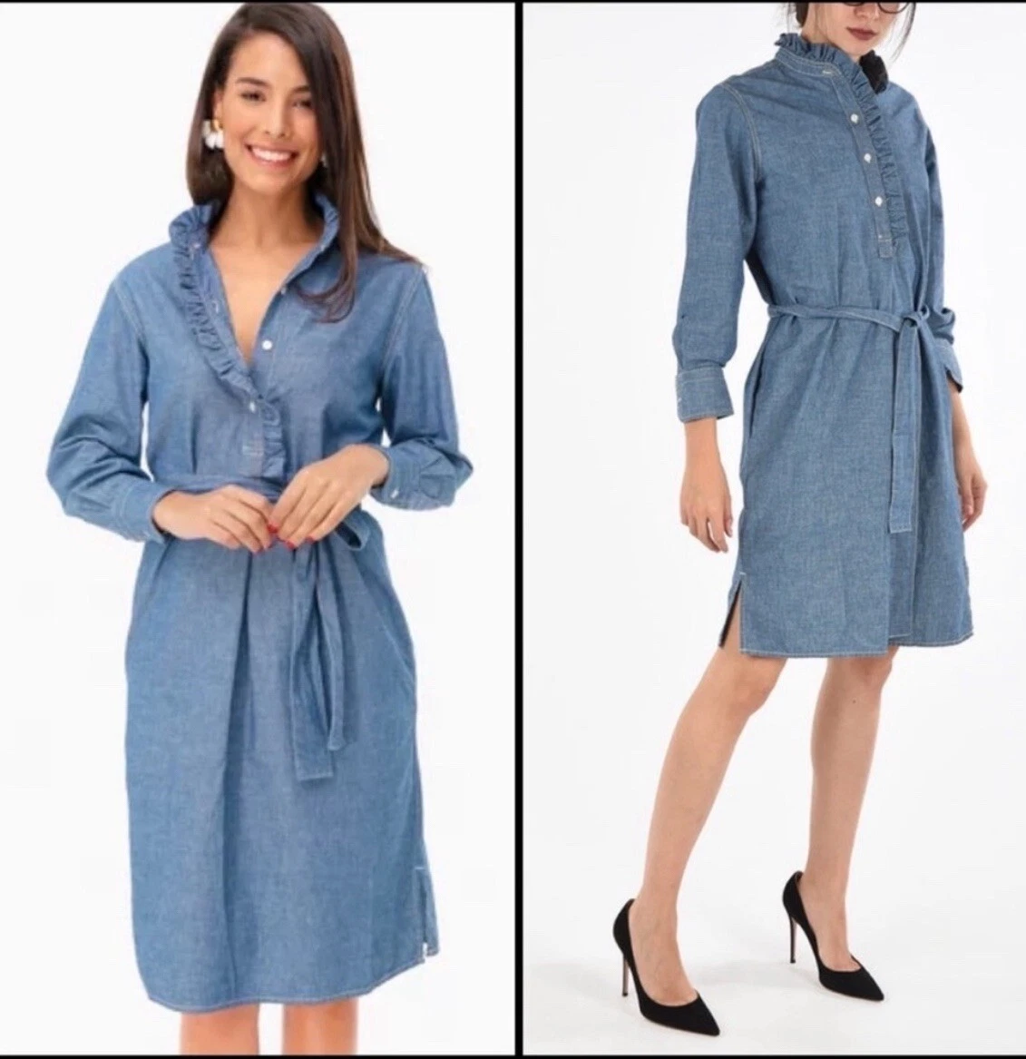 TORY BURCH DENEUVE DENIM SHIRTDRESS IN CHAMBRAY NWT $398 Ruffle 100% Cotton S
